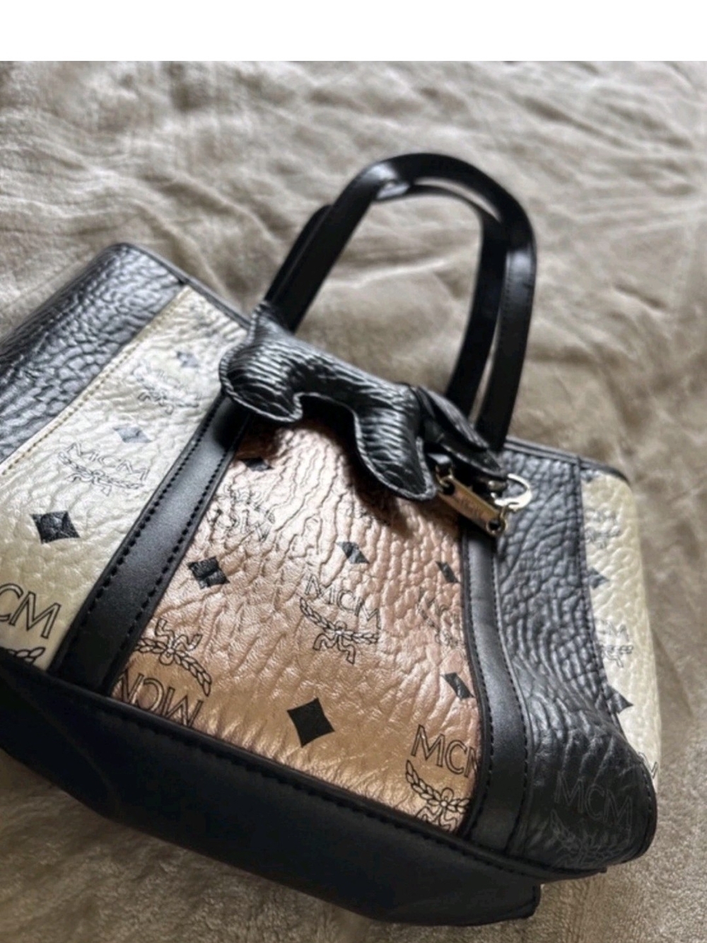 MCM INSPIRED Tri-Tone Logo Leather Satchel in Black, Gold, Cream